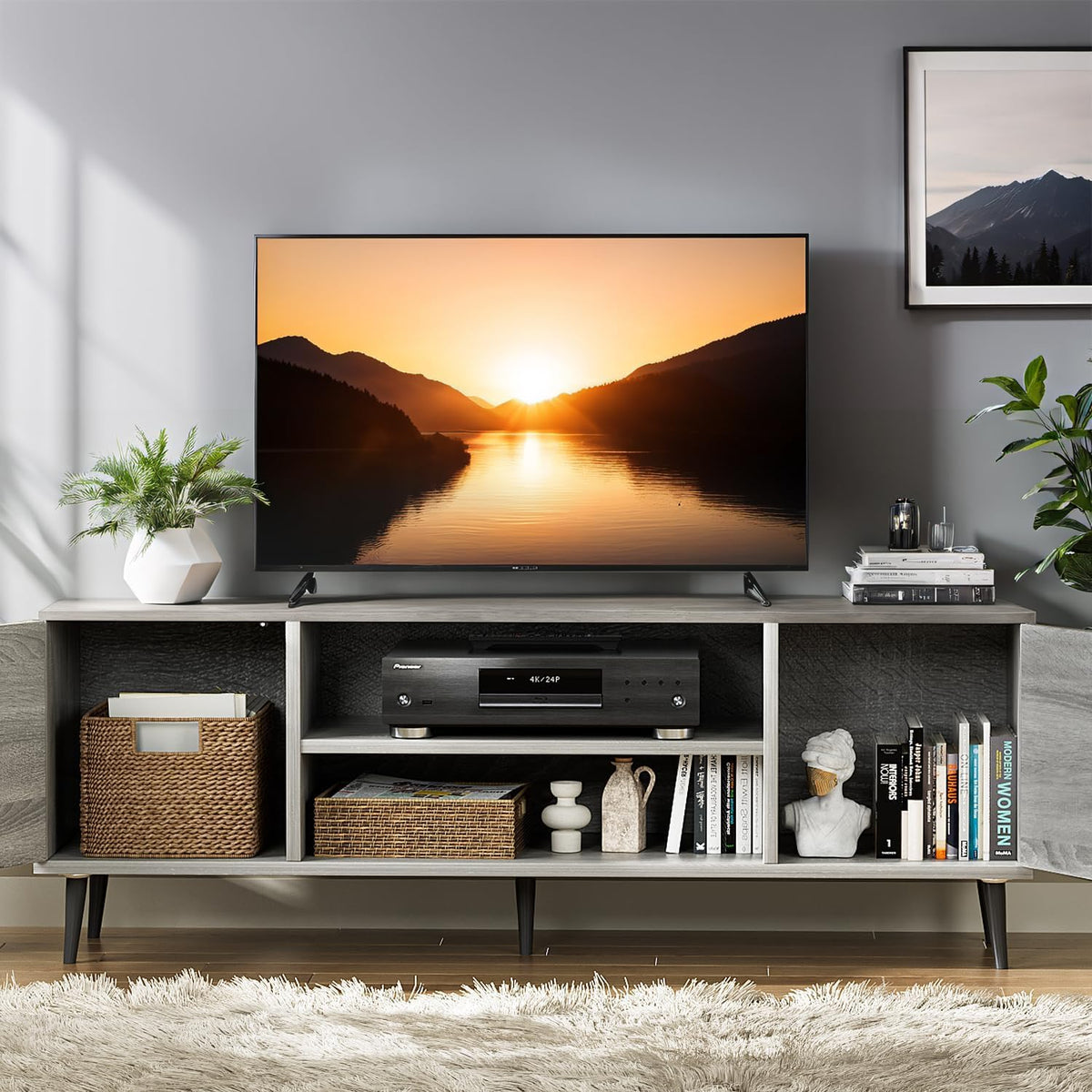 YESHOMY Modern TV Stand for 65" Television, Entertainment Center with Two Storage Cabinets, Retro Style Media Console for Living Room, Bedroom, Office, 58 Inch, Gray