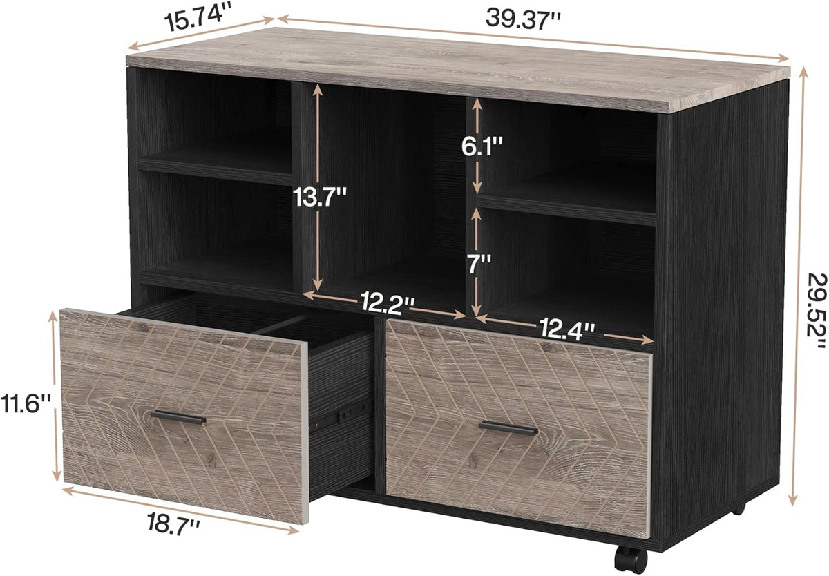 Tribesigns 2-Drawer Wood File Cabinet, Mobile Lateral Filing Cabinet for Hanging Letter Size Files, Printer Stand with Open Storage Shelves for Home Office (Gray & Black)