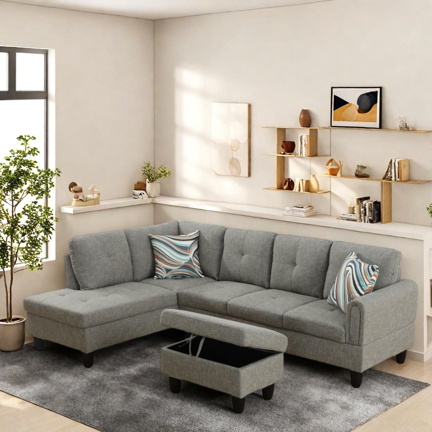 L Shaped Sectional Couches, Lounge Modular Sectional Sofa for Living Room Bedroom Furniture, Comfortable 4 Seat Couch with Ottoman Storage & Chaise, Grey