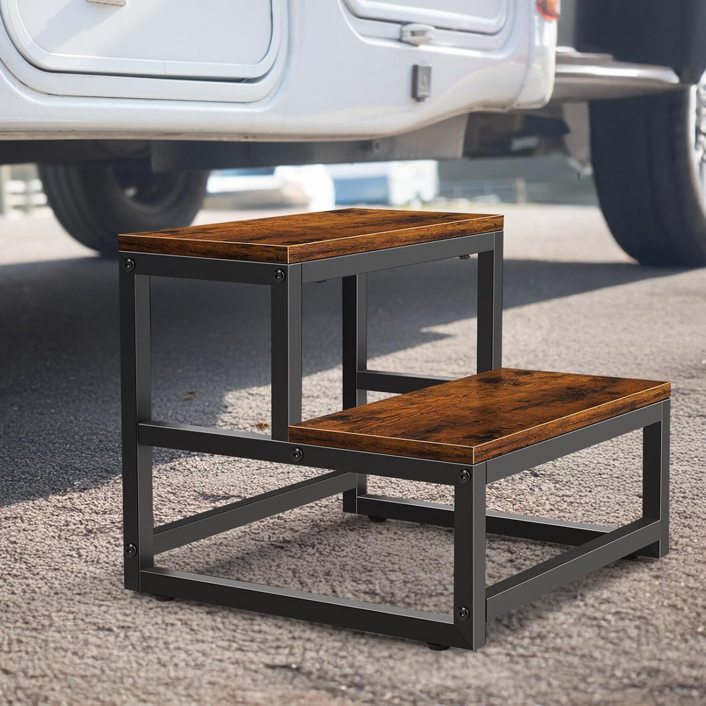 Wood and Metal 2 Step Stool for Adults & Kids – Heavy Duty Rustic Step Stools, 500 Lbs Capacity Non-Slip Stepping Stool for High Beds, Kitchen, Bathroom, Closet, Durable Foot Stool for Home Use