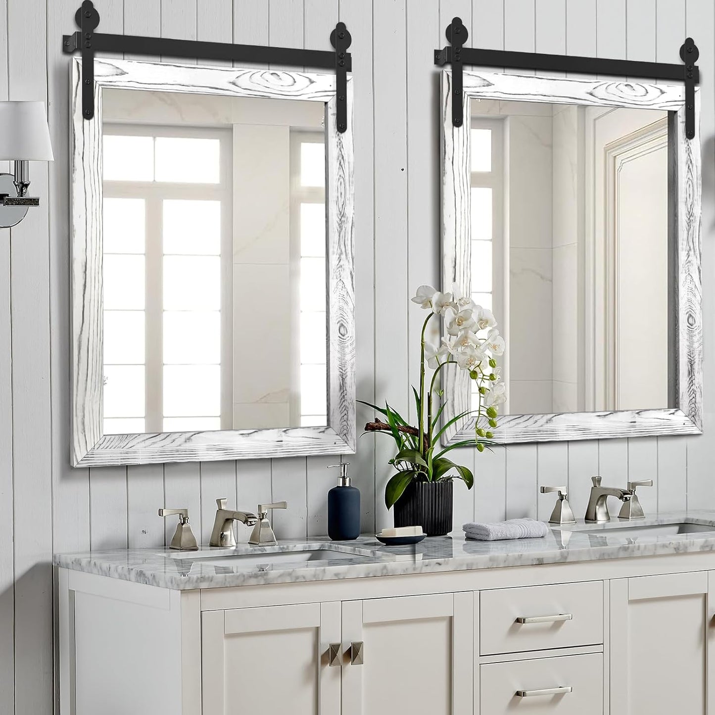 YOSHOOT Farmhouse Barn Door Mirror, 40"x30" Rustic Wood Framed Wall Mirror, Wall Mounted Vintage Mirror, Wooden Farmhouse Style for Bathroom Living Room Entryway, White, Vertical Hanging ONLY