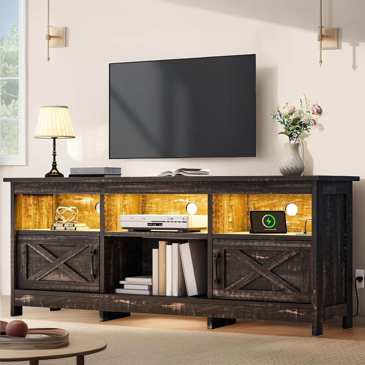 YITAHOME TV Stand for 65 Inch TVs, Entertainment Center with Storage Cabinets, Power Outlet & LED Light, Media Console Living Room Furniture, Dark Rustic Oak
