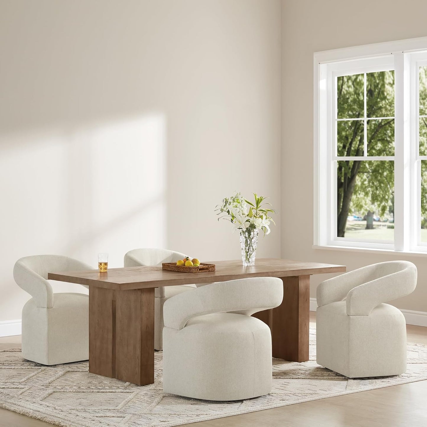Upholstered Dining Chairs with Removable Casters Barrel Side Armchair with Rollers for Diningroom Bedroom Livingroom Reading Room, Cream Beige, 4PCS