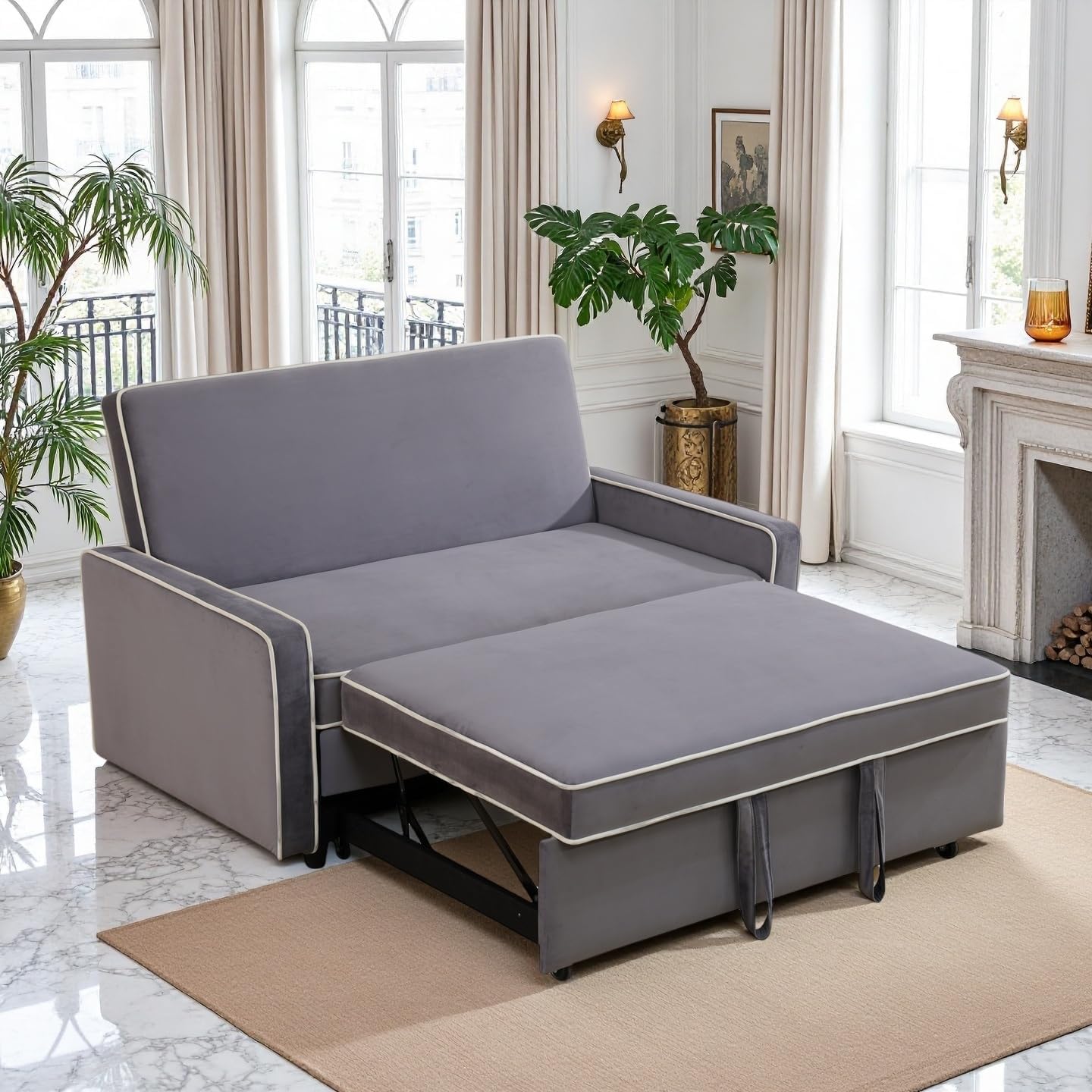 53 Inch Convertible Pull Out Sofa Bed, Sleeper Couch with Fluffy Fabric, Loveseat with Adjustable Backrest for Living Room, Bedroom, Apartment, Light Grey