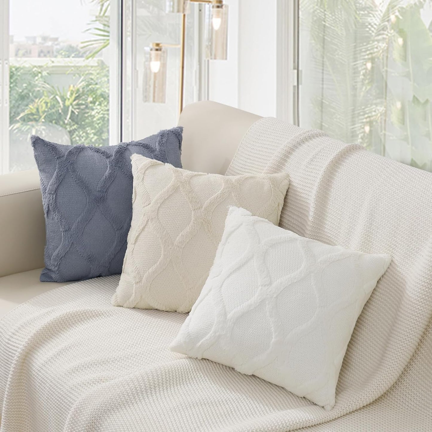 decorUhome Throw Pillow Covers 24x24 Inch Set of 2, Soft Plush Faux Fur Wool Cream White Couch Pillow Covers, Decorative Neutral Pillow Cases for Bed Sofa Living Room Home Decor