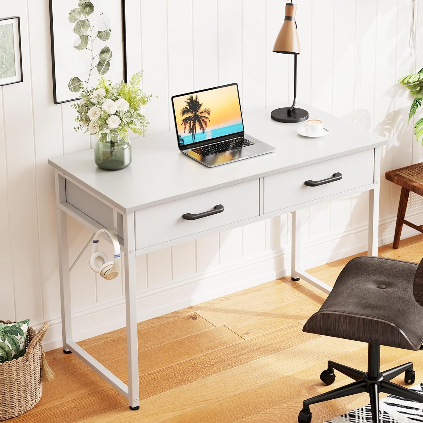 Casaottima 40 Inch Small Office Computer Desk with 2 Drawers & Headphone Hook - Compact Writing Desk for Home Office, Study or Work, Modern Space-Saving Design for Small Spaces, White