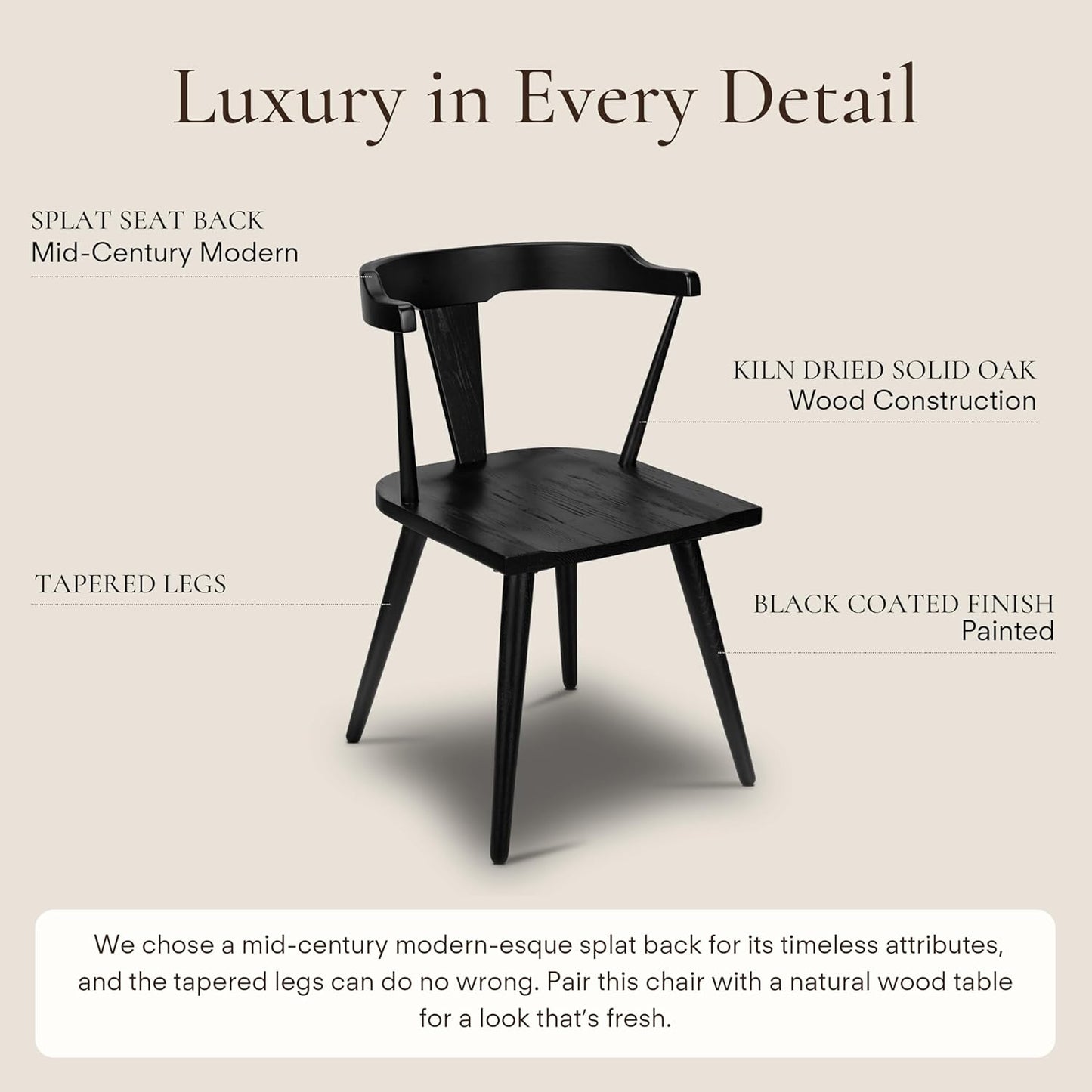 POLY & BARK Mid Century Modern Enzo Black Dining Chair – Solid Oak Wood Splat Back Chair, 18" Seat Height, 32" Tall – Stylish MCM Kitchen & Dining Room Chair - Set of 2
