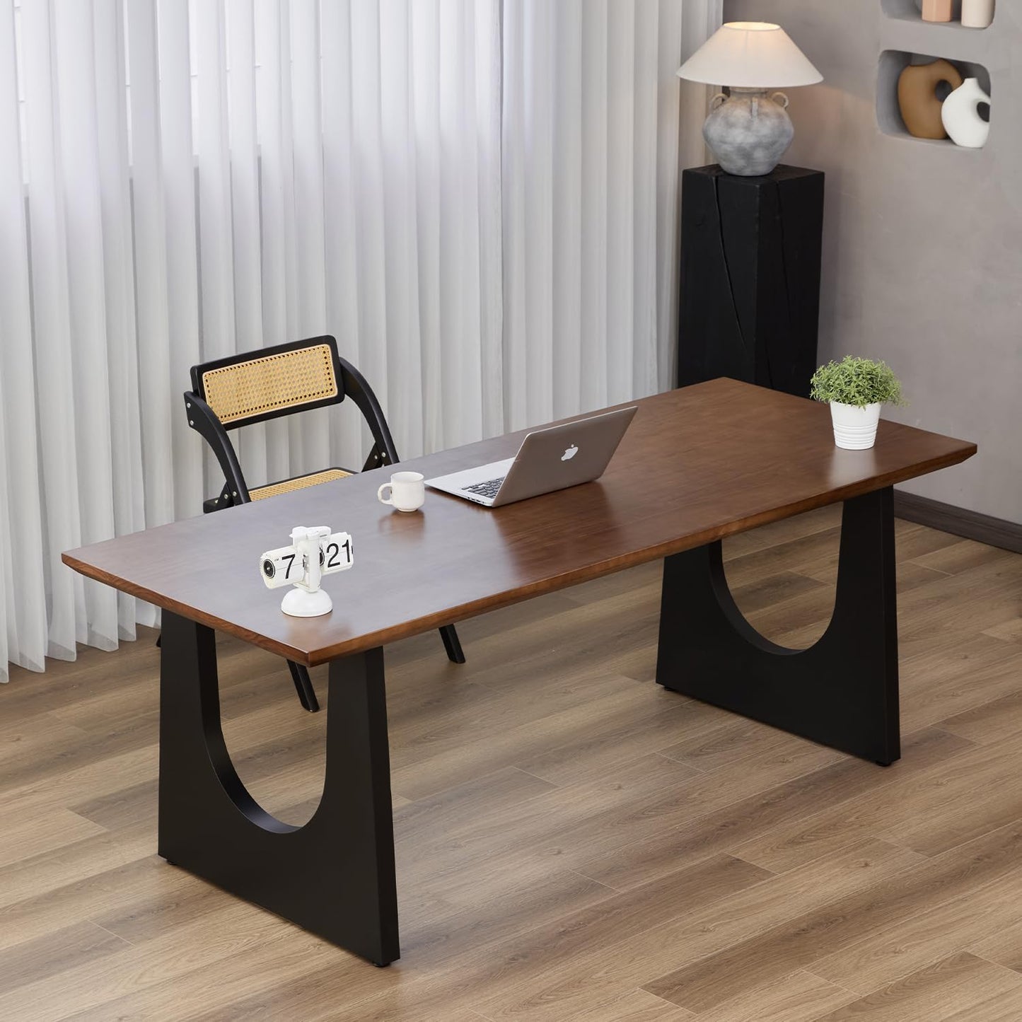 Wooden Executive Office Desk Computer Table Multi-Sized High Cost Performance Stylish Design Metal Legs Versatile Use for Office or Dining Casual Table (Walnut Color, 55.12in)