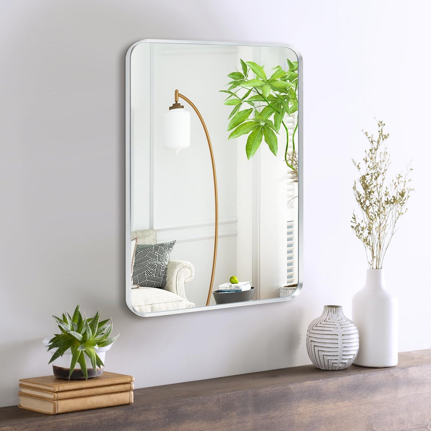 Wall Mount Mirror for Bathroom, Brushed Silver Metal Framed Rounded Corner Rectangular Vanity Mirror (18" x 24", Silver)