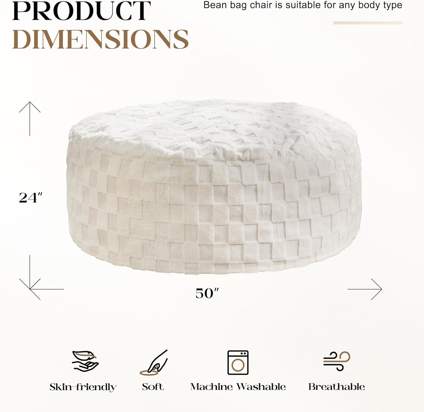 Hobestluk Bean Bag Chairs Beanbag Chair with Filler Adult Bean Bags with Fluffy Cover, Giant Bean Bag Chairs for Adults for Living Room, Bedroom (White, 5FT - 50” x 50” x 24”)