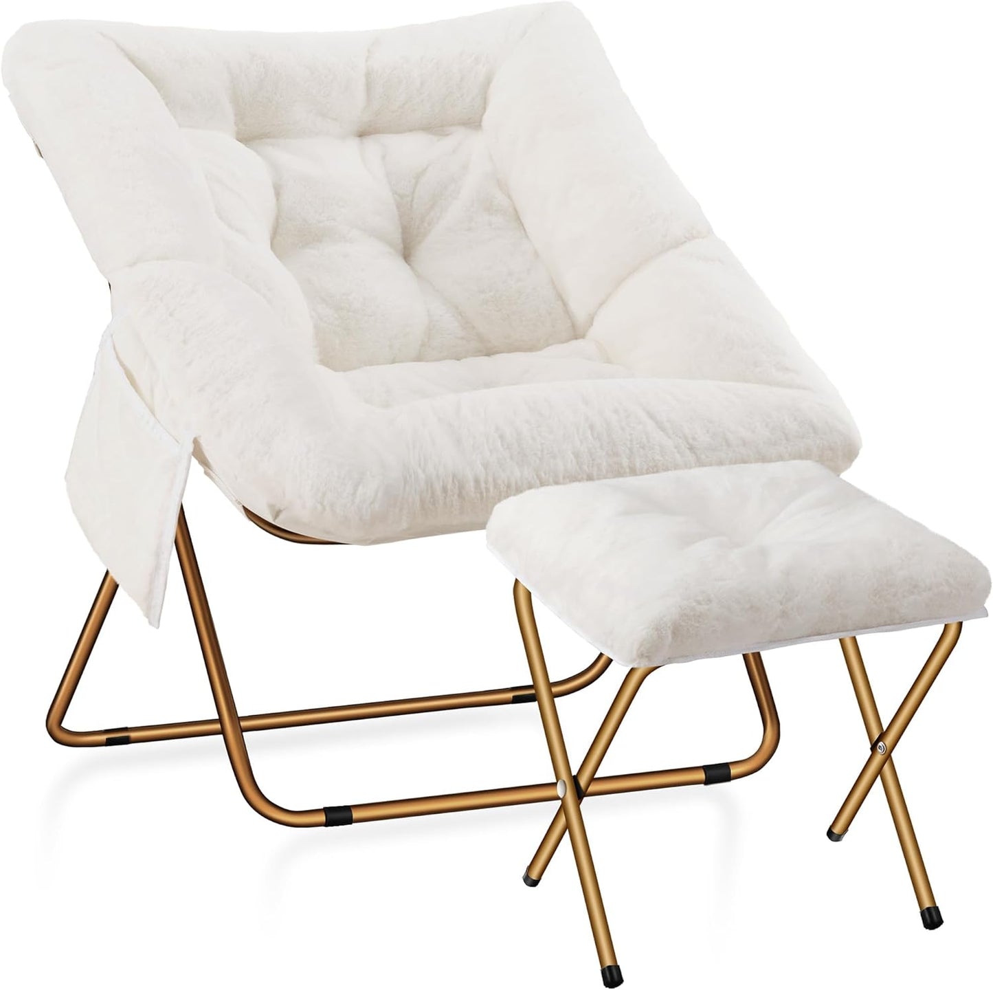 Comfy Saucer Chair for Adults, Foldable Living Room Chairs, Soft Faux Fur Lounge Chair for Bedroom, Reading Chairs, X-Large (Ottoman-White)