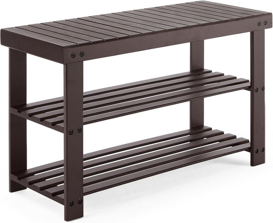 Sweetcrispy Shoe Rack Bench, 3-Tier Bamboo Entryway Storage Organizer, 286lb Capacity, Shoes Stand for FrontDoor Entrance, Bedroom, Living Room, Bathroom, Balcony, 11.3 x 27.6 x 17.8 Inches, Brown