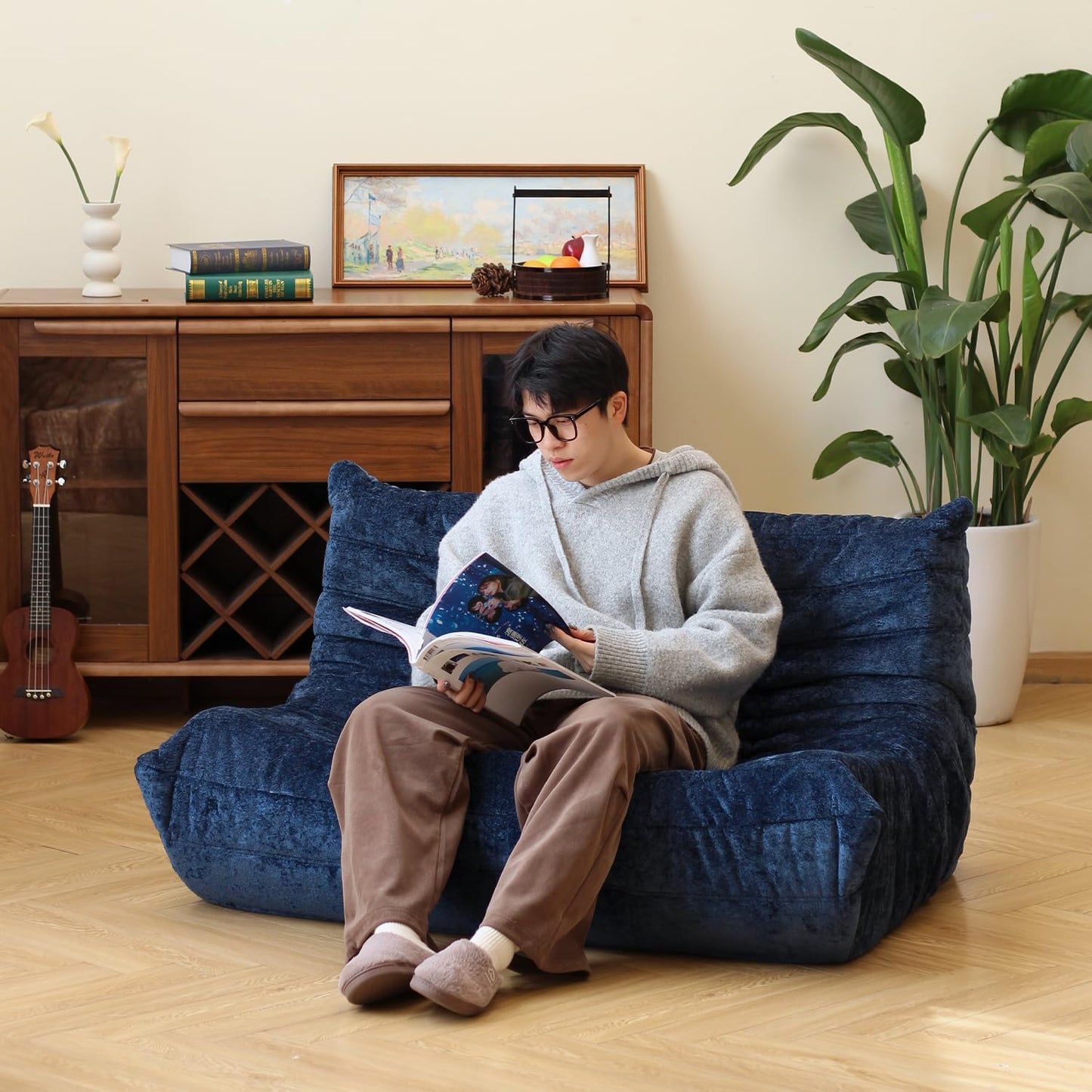 N&V Fireside Chair, Mid Century Armless Floor Sofa, Soft Premium Chenille Floor Lounge Chair, Foam Sofa Accent Chair for Living Room Bedroom and Office (Blue, Loveseat)