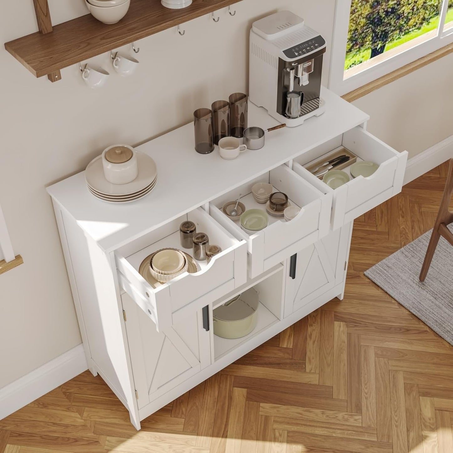 Storage Cabinet, Coffee Bar Cabinet with 2 Adjustable Shelves, 3 Drawers, and 2 Doors, for Bathroom, Kitchen, Living Room (White)