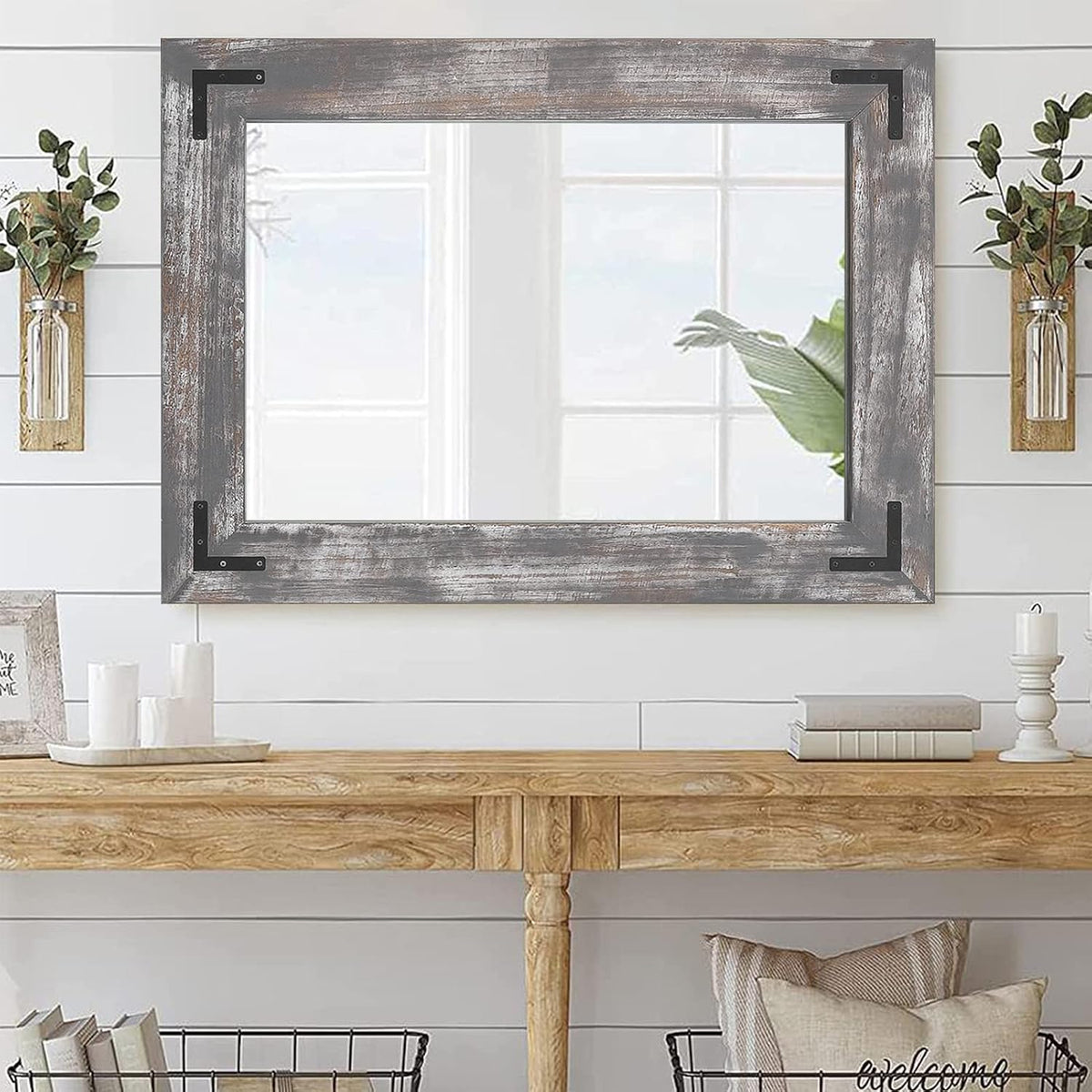 YOSHOOT Rustic Wooden Framed Wall Mirror, 48"x30", Natural Wood Bathroom Vanity Mirror for Farmhouse Decor, Vertical or Horizontal Hanging