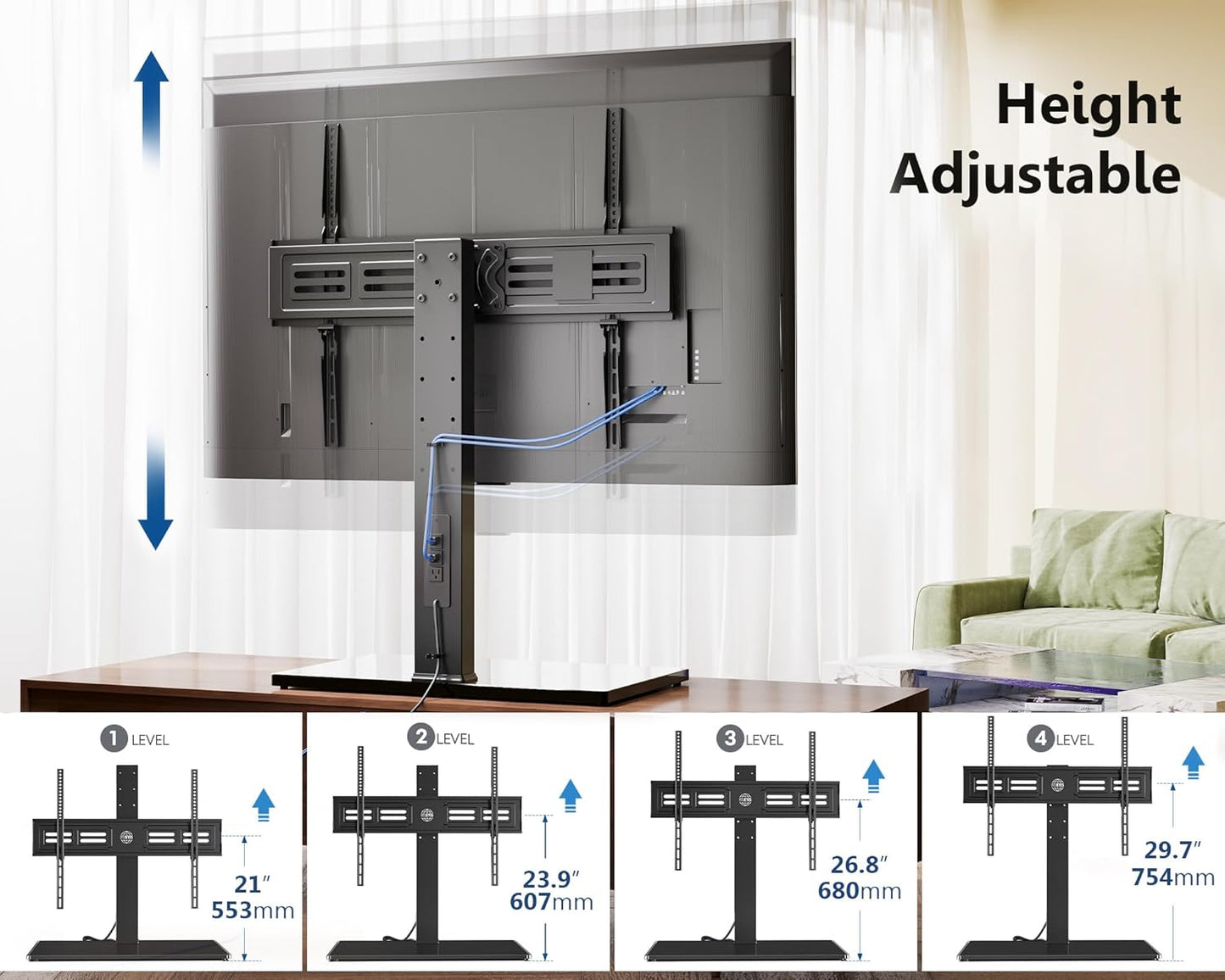FITUEYES Universal TV Stand with Power Outlets for 50-85 inch TVs, Swivel&Height Adjustable Tall TV Stand for Bedroom Living Room, 27.5''Large Tempered Glass Base Holds up to 143 lbs.