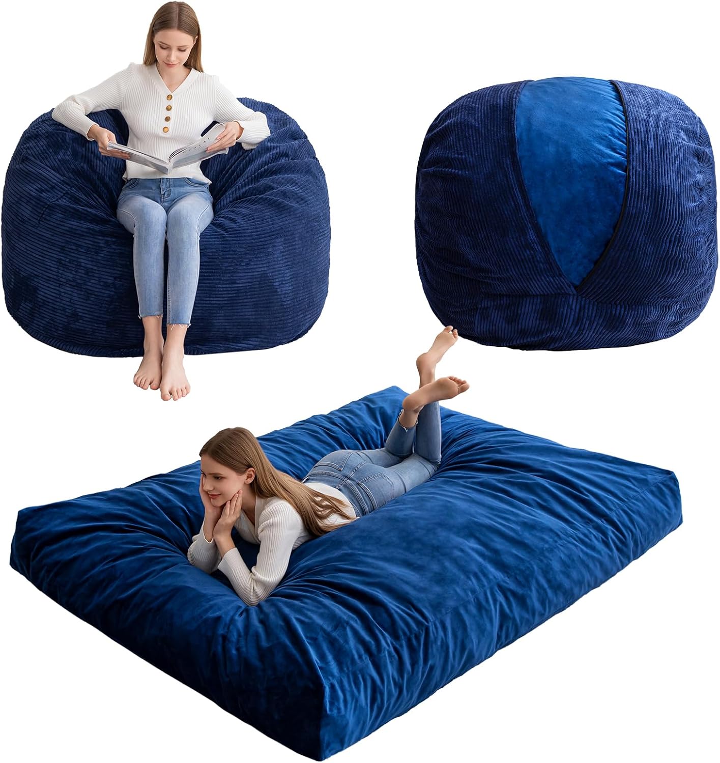 HIGOGOGO Giant Bean Bag Chair Bed for Adults,Convertible Beanbag Folds from Lazy Chair to Floor Mattress Bed,Large Floor Sofa Couch for Adult,Couples,Family,High-Density Foam Filling, Machine Washable