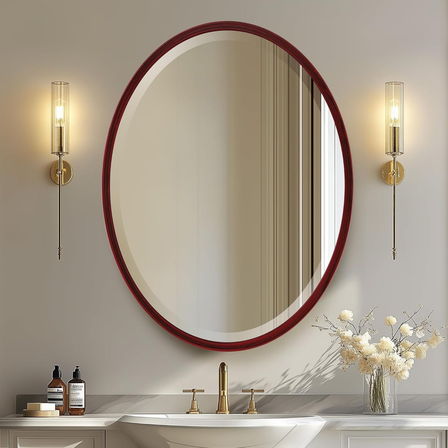 OVALCREST - Oval Wooden Beveled Wall Mirror for Home Decor, Bathroom, Vanity, Bedroom, Living Room, Hallway - London Style (Black Cherry) 31.1 x 41.1