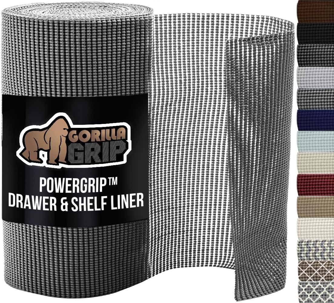 GORILLA GRIP powerGRIP Drawer Shelf and Cabinet Liner, Thick Strong Hold, Non-Adhesive Liners Protect Kitchen Cabinets and Cupboard, Bathroom Drawers, Easy Install, Breathable Mat, 12" x30', Gray