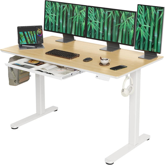INNOVAR Bamboo Standing Desk with Drawers, 55" Adjustable Stand Up Electric Home Office Desk with Whole-Piece Board, White Frame/Bamboo Top