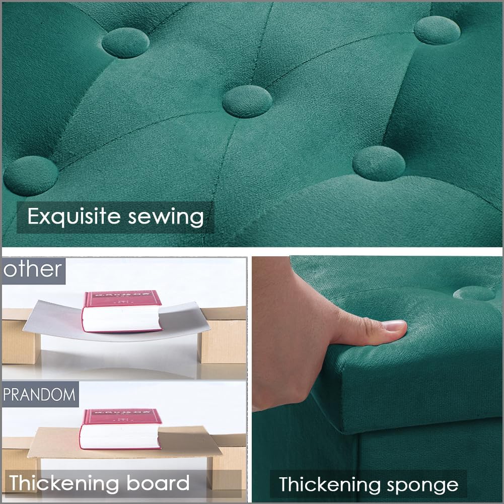 PRANDOM Ottoman with Storage [1-Pack] Velvet Folding Small Square Foot Stool with Lid for Living Room Bedroom Coffee Table Dorm Green 17x13x13 inches