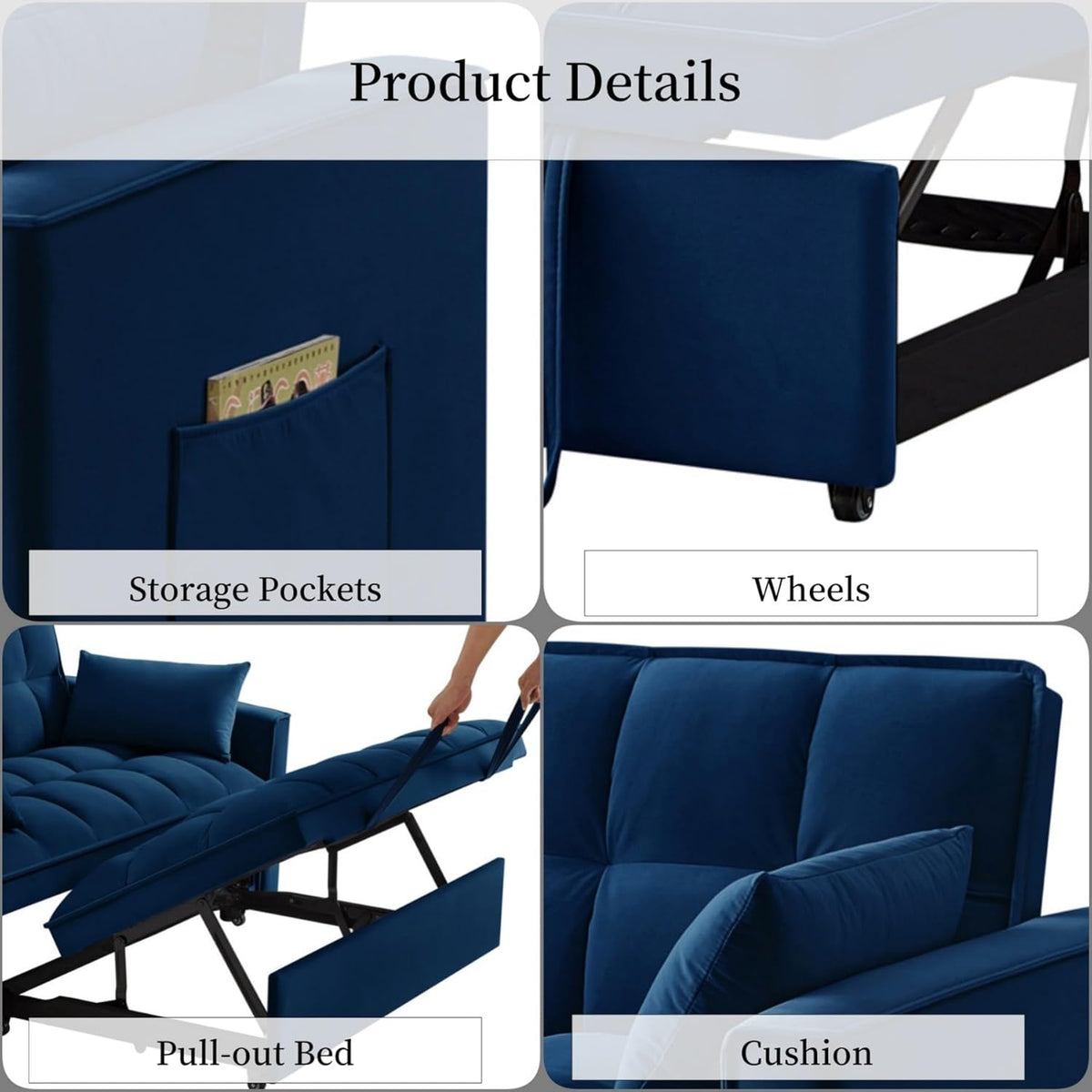 KEIKI Velvet Loveseat Convertible Sofa Bed Sleeper Chair with Adjustable Backrest, Pillows & Storage Pockets, 3 in 1 Pull-Out Couch Chaise Lounge Recliner for Living Room Balcony Bedroom, Navy