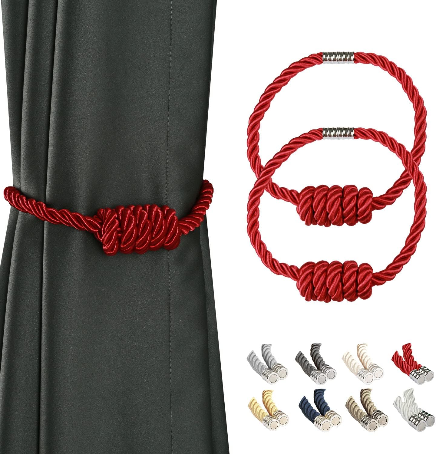 BEL AVENIR Magnetic Curtain Tiebacks, Decorative Drapery Holdbacks Modern Woven Tie-Backs with Exquisite Knot (Red, 2 Pack)