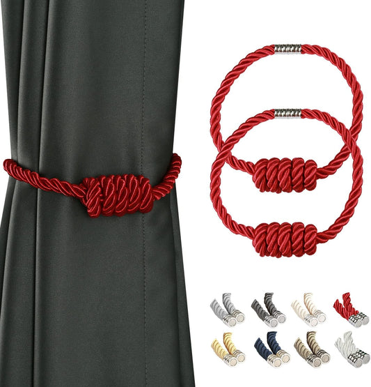 BEL AVENIR Magnetic Curtain Tiebacks, Decorative Drapery Holdbacks Modern Woven Tie-Backs with Exquisite Knot (Red, 2 Pack)
