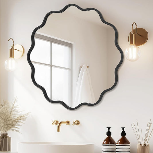 PROHOMEWARE Black Round Mirror 36 Inch Wavy Bathroom Vanity Mirror Black Frame Modern Wall Mirror Decorative Wall-Mounte Anti-Rust, Tempered Glass