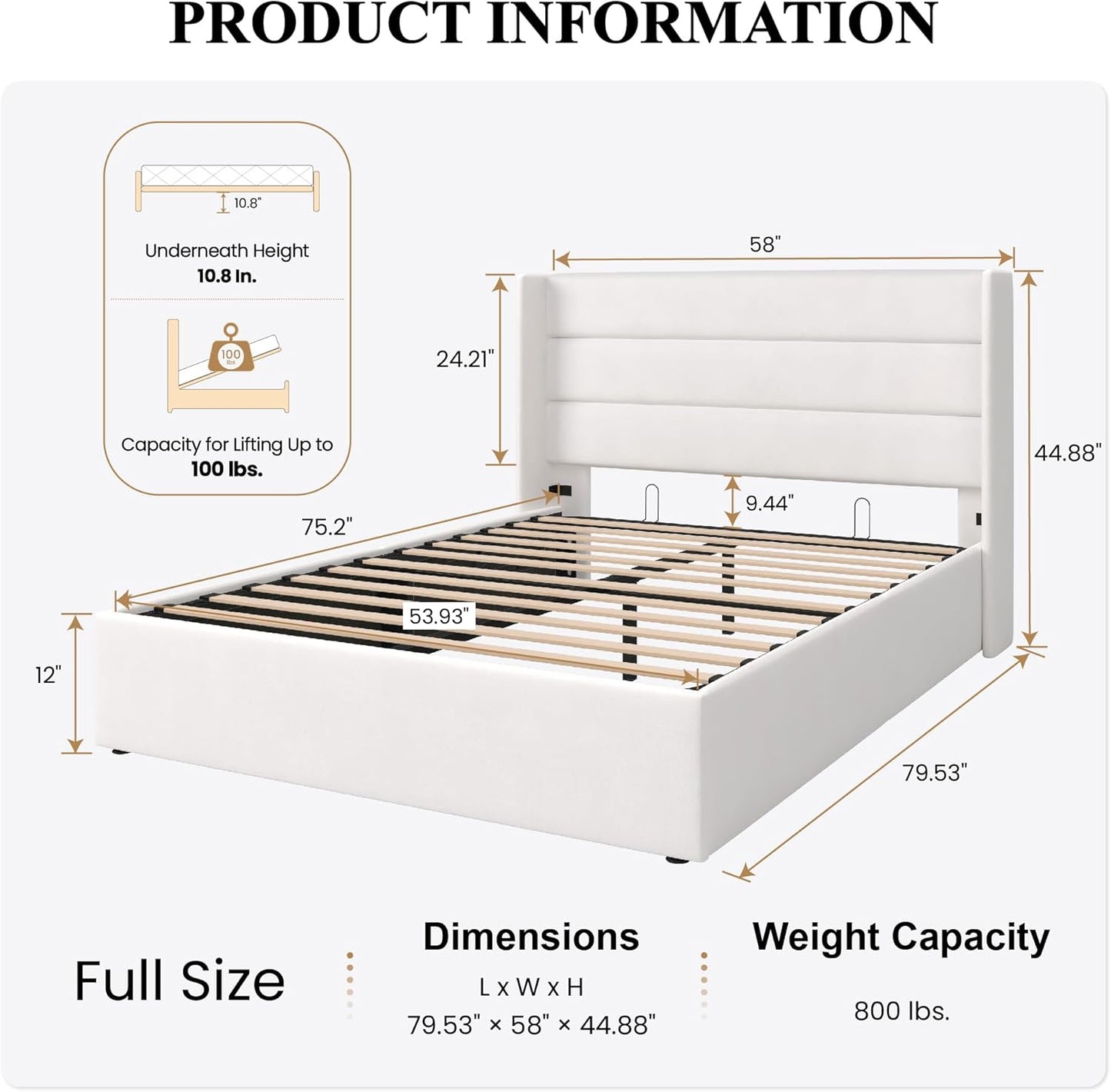 SHA CERLIN Full Size Lift Up Storage Bed/Velvet Upholstered/Modern Wingback Headboard/Upholstered Platform Bed Frame/Hydraulic Storage/No Box Spring Needed/White