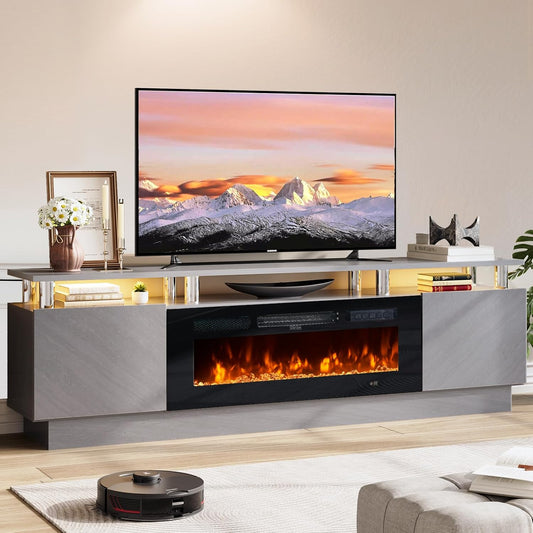 70" TV Stand for Living Room, Entertainment Center with Storage Cabinet, Fits TVs up to 80", Modern Media Console with Shelves, 36" Electric Fireplace (Grey+Black)