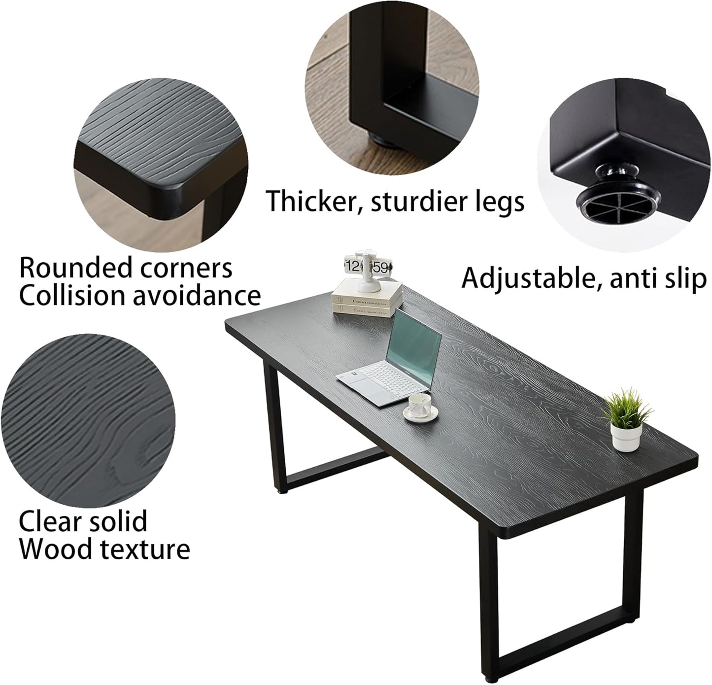 Modern Solid Wood Dining Table with Metal Base Stylish Durable Dining Room Table in Black Multiple Sizes Home Use Office Desk(78.74in)