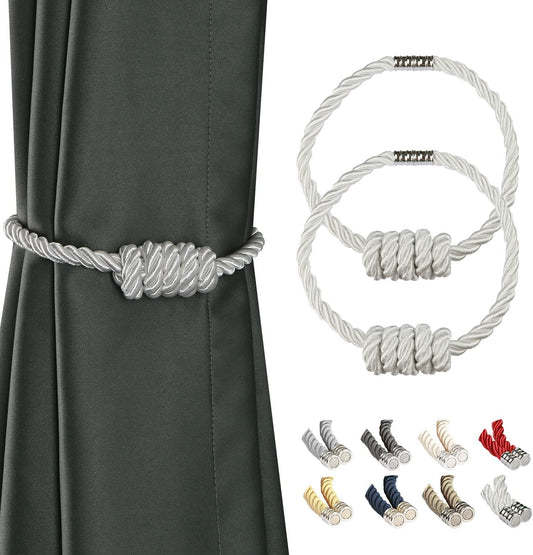 BEL AVENIR Magnetic Curtain Tiebacks, Decorative Drapery Holdbacks Modern Woven Tie-Backs with Exquisite Knot (White, 2 Pack)