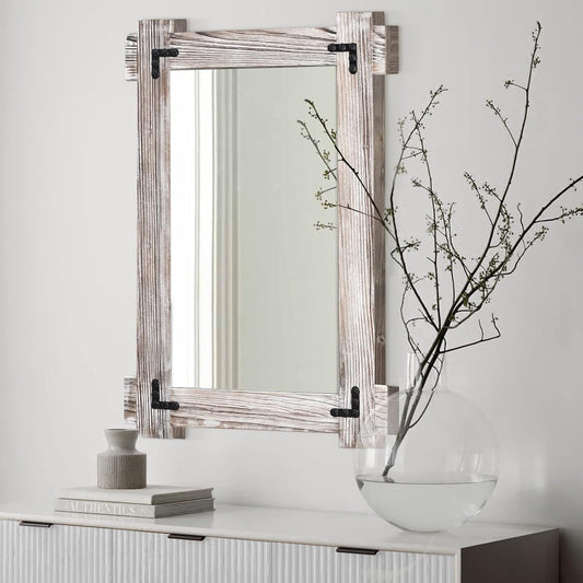 MeMoreCool Farmhouse Rustic Wood Framed Bathroom Mirror, Decorative Wall Mounted Rectangular Mirror for Bedroom, Living Room, or Bathroom, 40x28 Inch, White