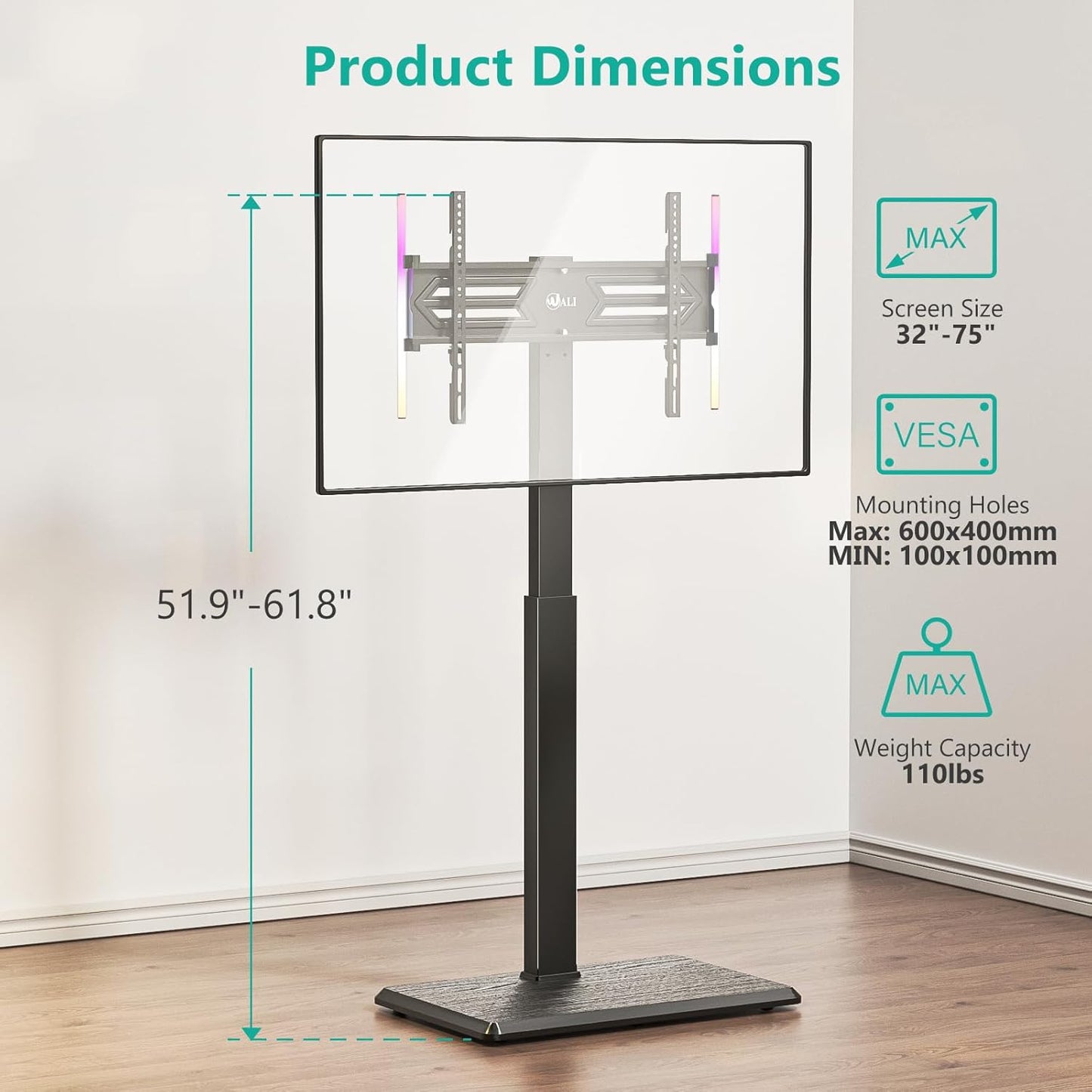 WALI Floor TV Stand with LED Lights, Tall TV Stand Mount for 32-75 inch TV up to 110 lbs, Swivel and Height Adjustable TV Stands with Wood Base for Bedroom, Office(TVDVD-7L), Black