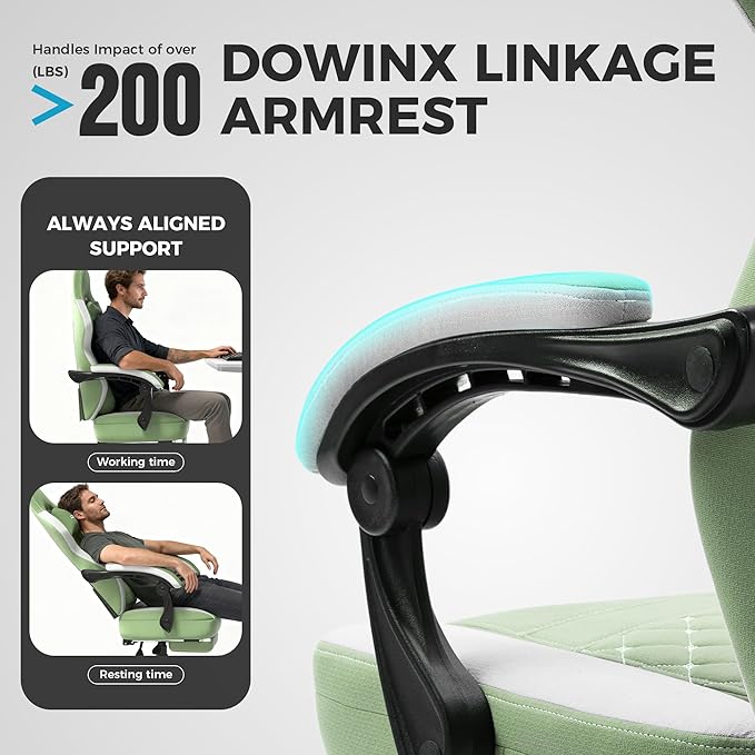 Dowinx Gaming Chair Breathable Fabric Game Chair with Gel Pad and Storage Bag, Comfortable Gamer Chair with Pocket Spring Cushion, Ergonomic Computer Chair with Footrest, Green