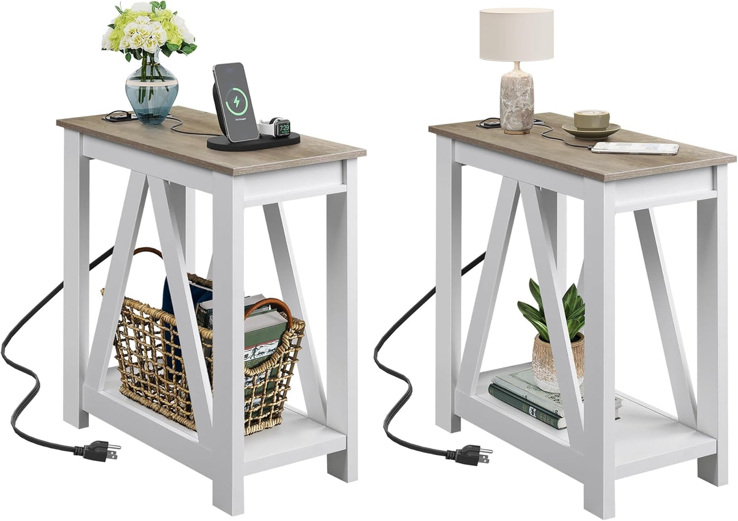 WLIVE End Tables Living Room Set of 2 with Charging Station, Sofa Side Tables with Open Storage Shelf, Slim Farmhouse End Table Sets, Greige