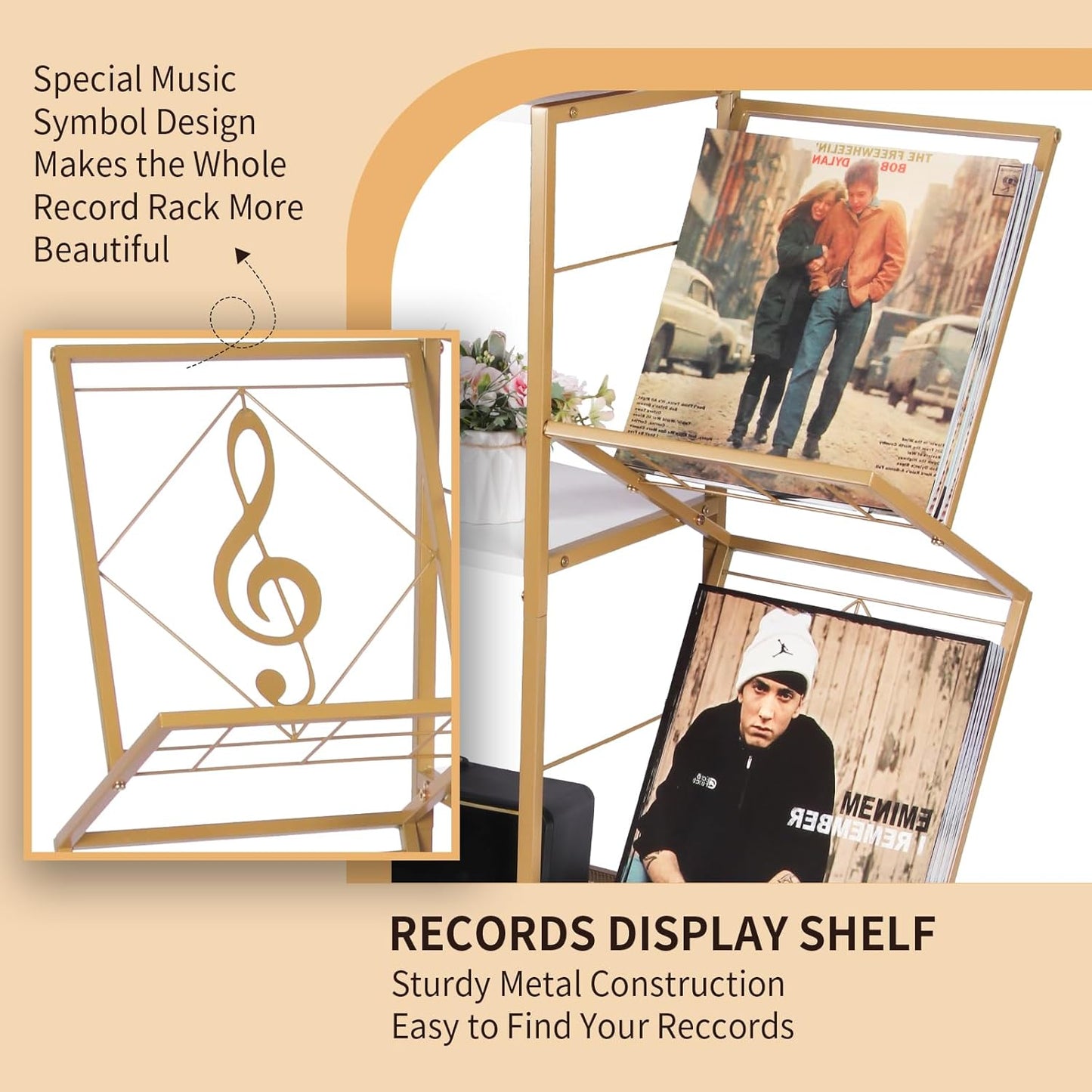 Record Player Stand with Vinyl Record Storage, Turntable Stand with 2-Tier Vinyl Display Shelf & Metal Frame, Vinyl Holder for Living Room, Gold & White