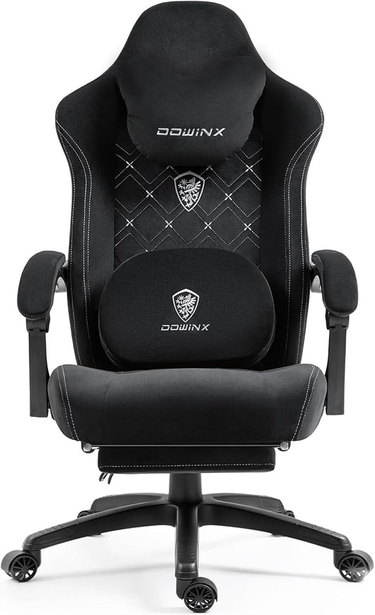 Dowinx Gaming Chair with Heated Massage Lumbar Support,Big and Tall Fabric Gaming Chairs for Adults with Footrest, Ergonomic Computer Game Chair with Poket Spring Cushions, 350lbs, Black and White