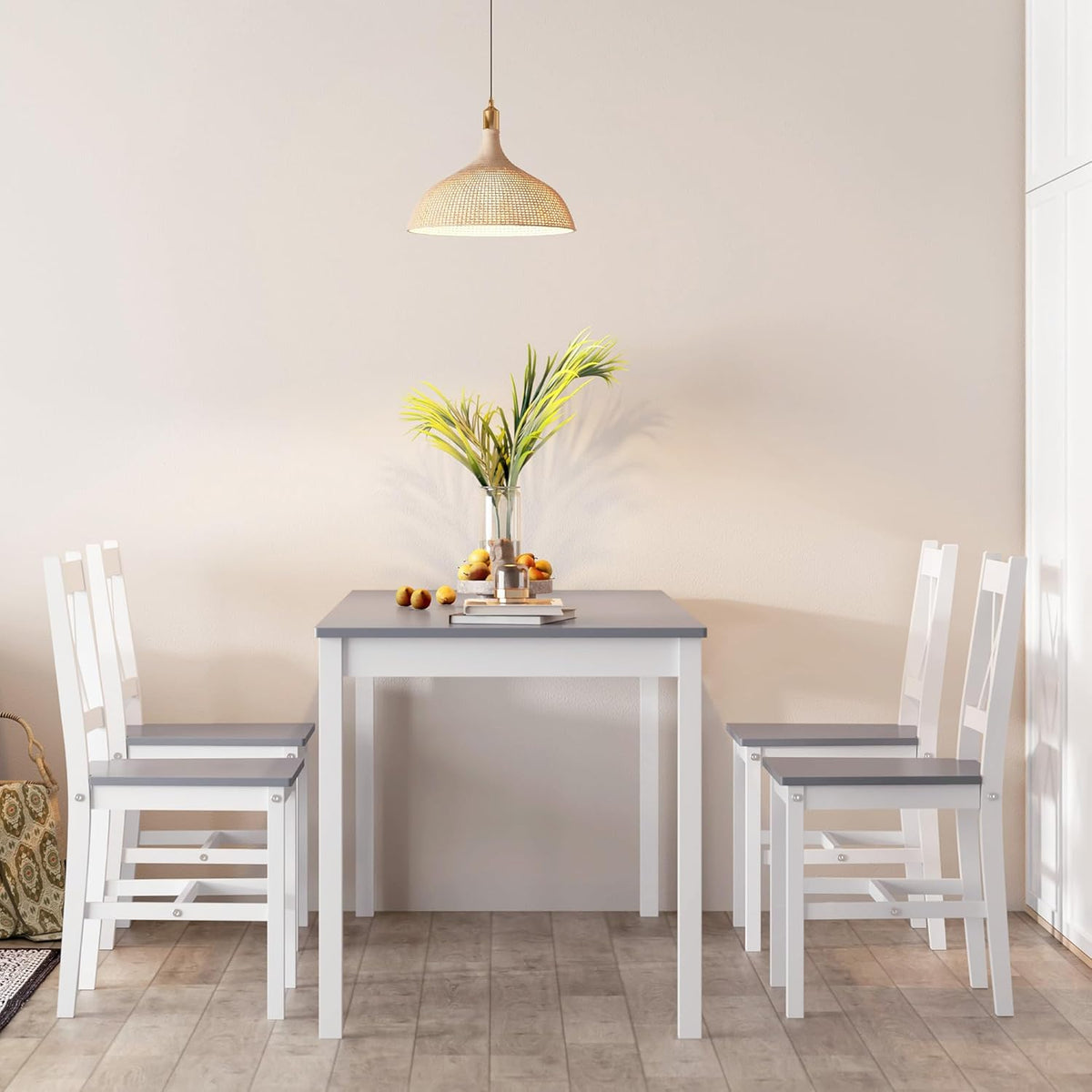 soges 5 Pieces Dining Table Set with 4 Chairs, 47.2 inch Kitchen Pine Wood Table for 4, Rectangular Dining Table Furniture Set for Kitchen, Dining Room, Dinette, White & Grey