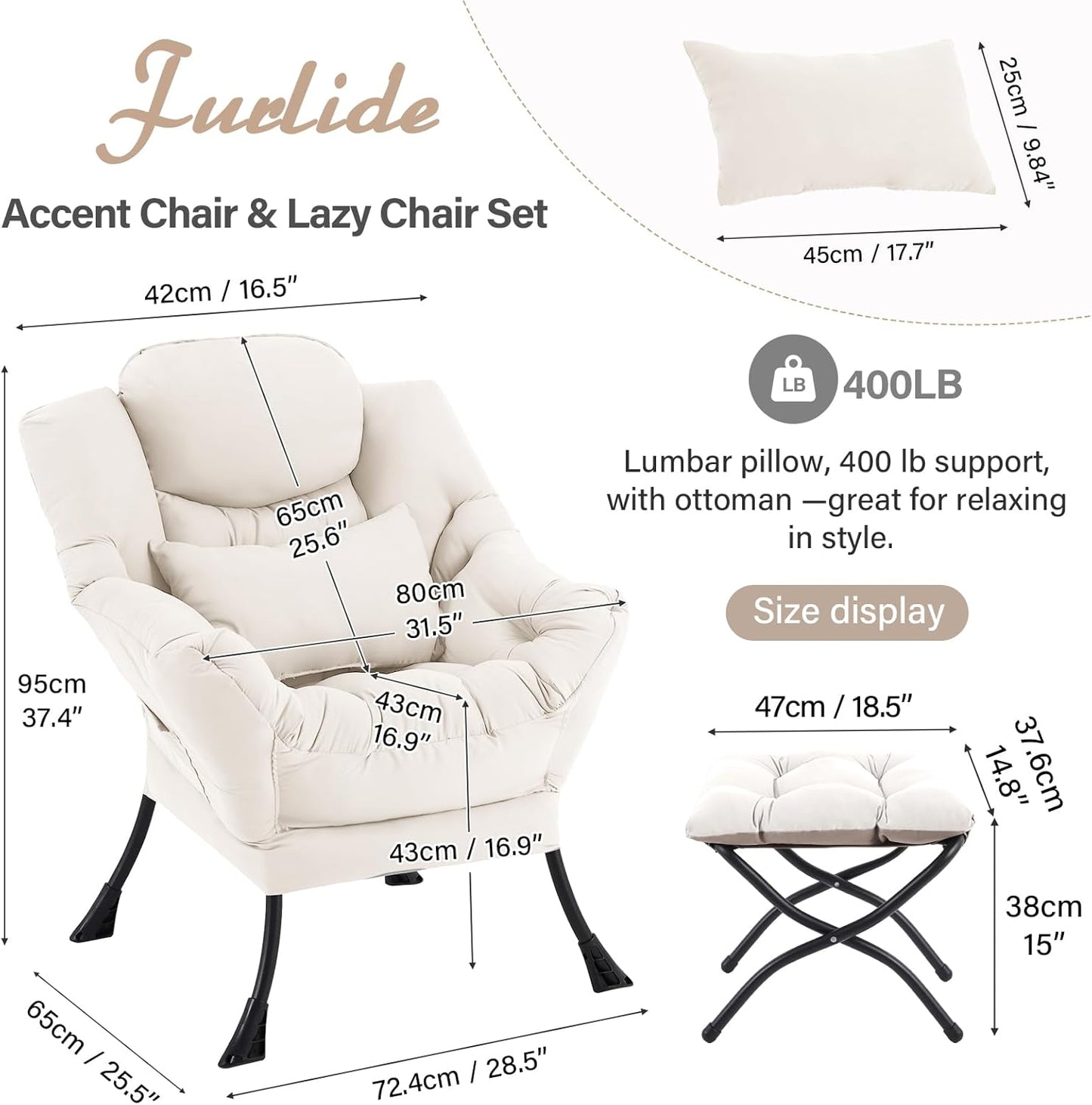 Lazy Chair with Ottoman, Comfy Fabric Accent Lounge Arm Chair with Lumbar Pillow and Folding Footrest, Reading Leisure Sofa Chair for Bedroom, Living Room, Dorm,Beige