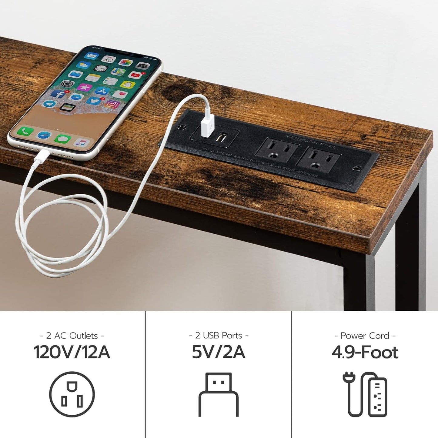 HOOBRO 2 Pack 5.9" Narrow Console Sofa Table with Power Outlets, 47.2" Long Behind Couch Table with Charging Station, Skinny Sofa Table for Living Room, Foyer, Rustic Brown BF15XGP201G1