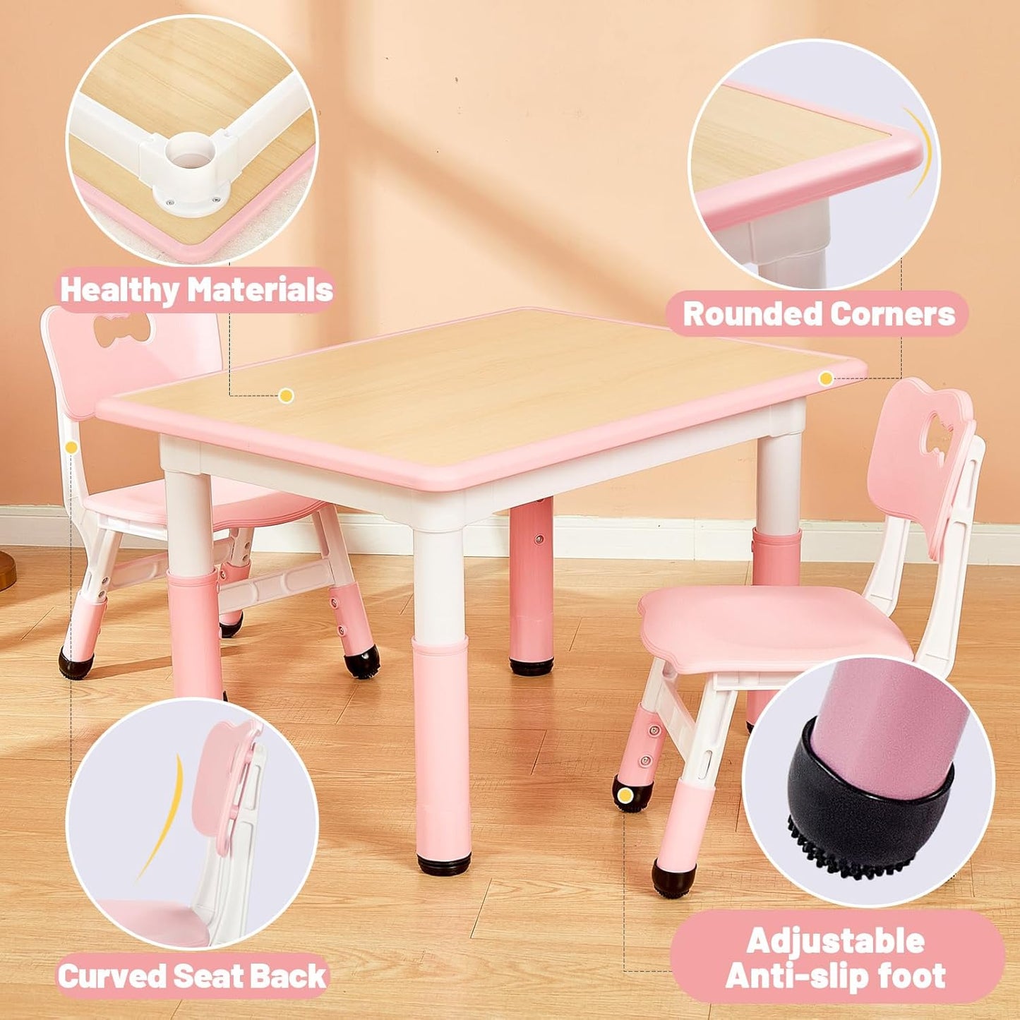 FUNLIO Kids Table and 2 Chairs Set for Ages 3-8, Height Adjustable Toddler Table and Chair Set, Easy to Wipe Arts & Crafts Table, for Classrooms/Daycares/Homes, CPC & CE Approved (3pcs Set) - Pink