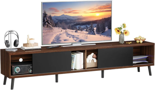 Clikuutory Mid Century Modern 70 Inch TV Stand with Two Large Storage Space for 50 55 60 65 70 75 80 Inch TVs, TV Console with Two Sliding Door, Entertainment Center for Bedroom, Walnut