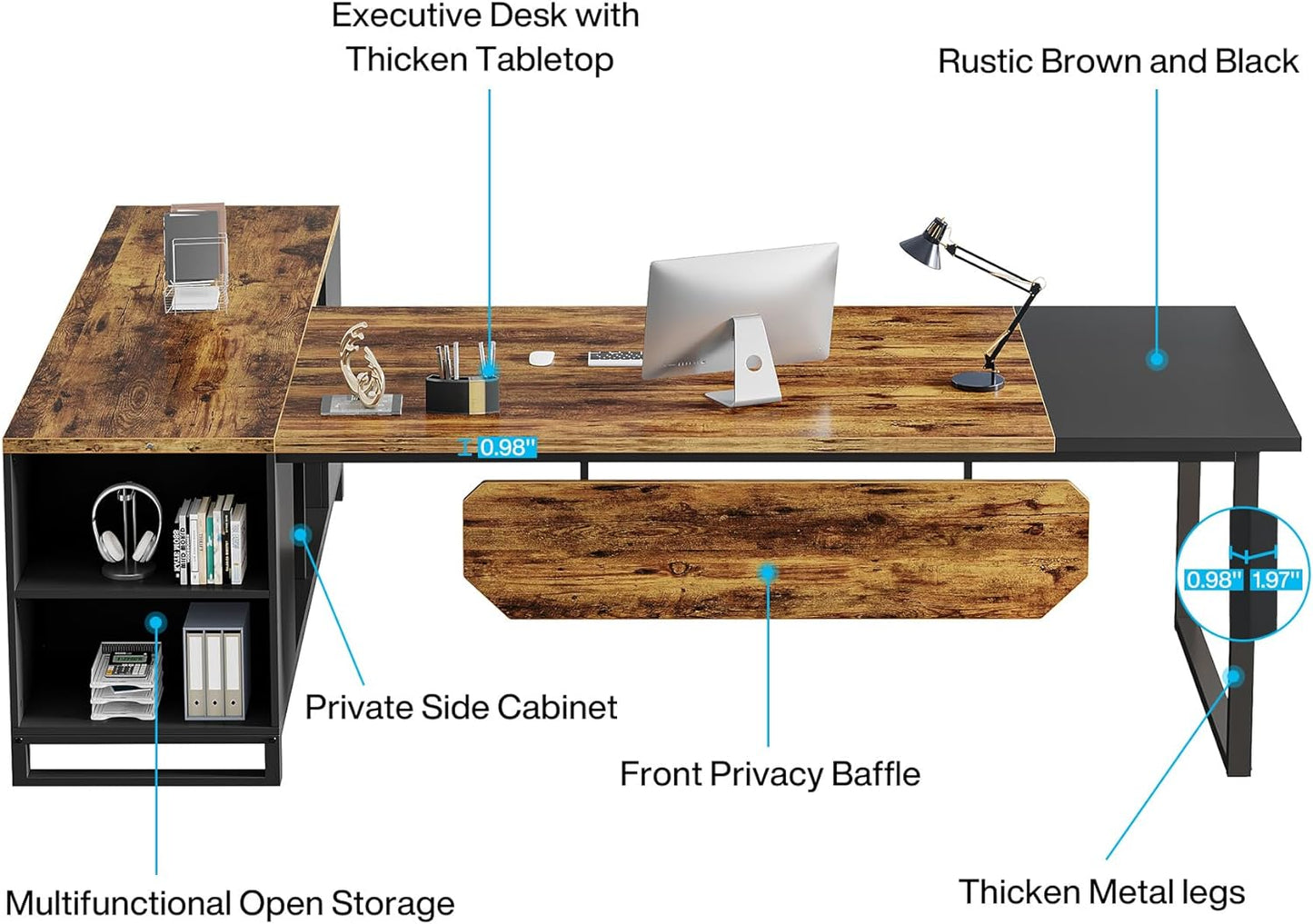 Tribesigns 70.8" Executive Desk with 55" File Cabinet, Modern L Shaped Computer Desk with Storage Shelves and Cabinet, Large L Shaped Executive Desk for Home Office, Rustic Brown & Black