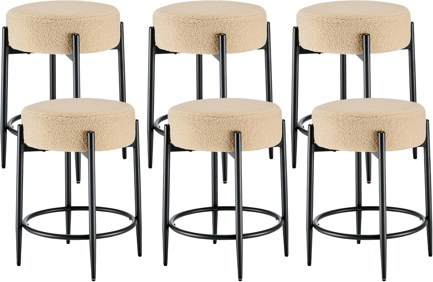 Dining Room Chairs Set of 6, 23.6" Sherpa Backless Beige Boucle Dining Chair with Black Metal Legs, Mid Century Modern Living Room Round Upholstered Chairs