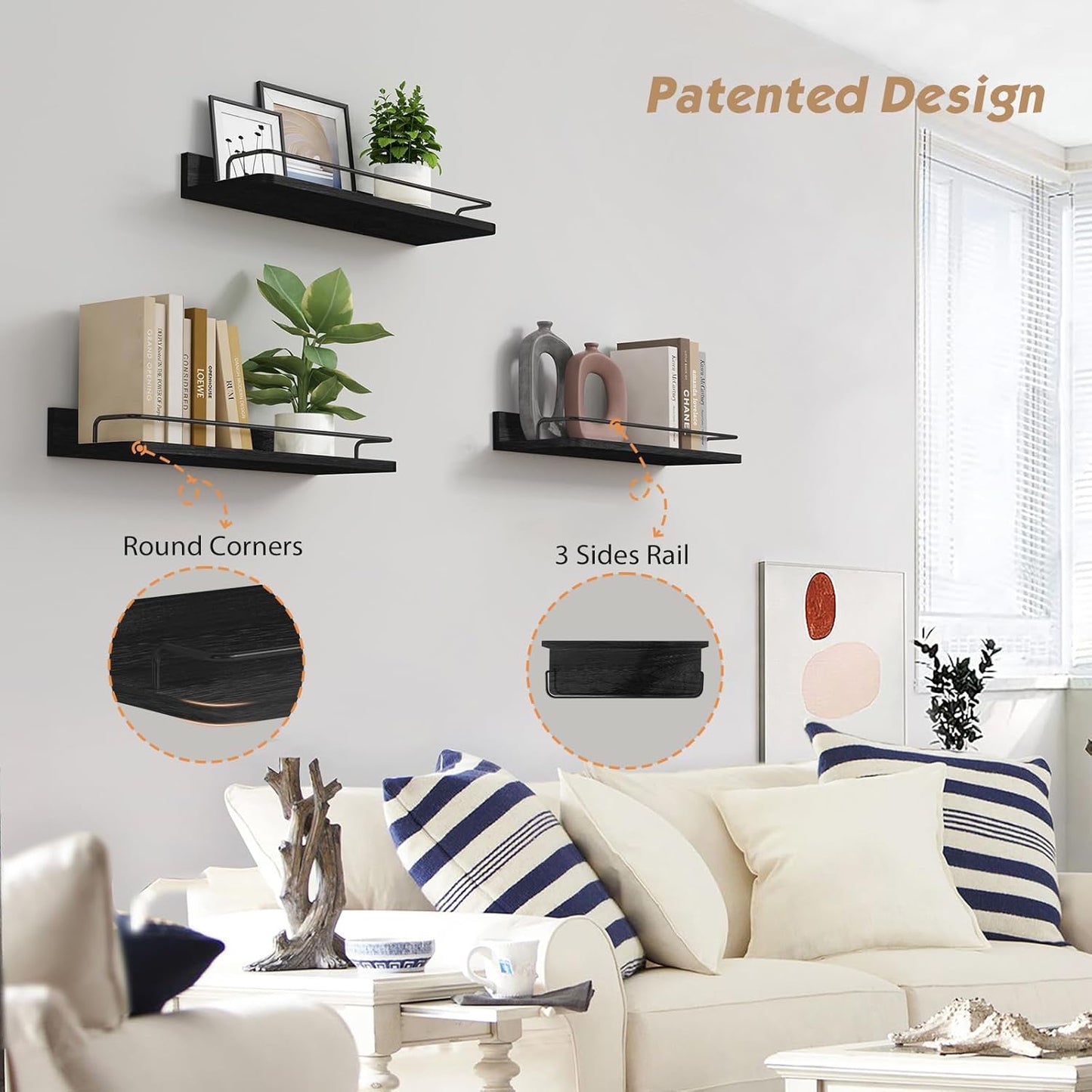 Forbena Black Floating Shelves for Wall, Bahtroom Wall Shelves Over Toilet, Rustic Hanging Shelf with Lip Rail for Bedroom Kitchen Office Living Room Picture Photo Decor, 17 Inch Long-Set of 3