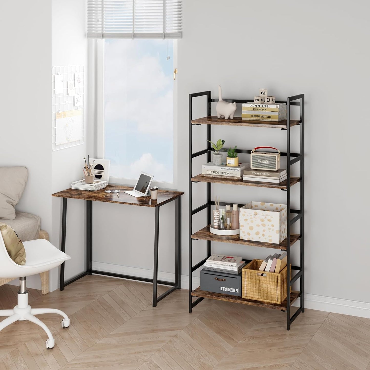 BHG Vintage Multifunctional Folding Bookshelf, No-Assembly Plant Stand Storage Rack Shelves for Home Office (Fire, 4-Tier)
