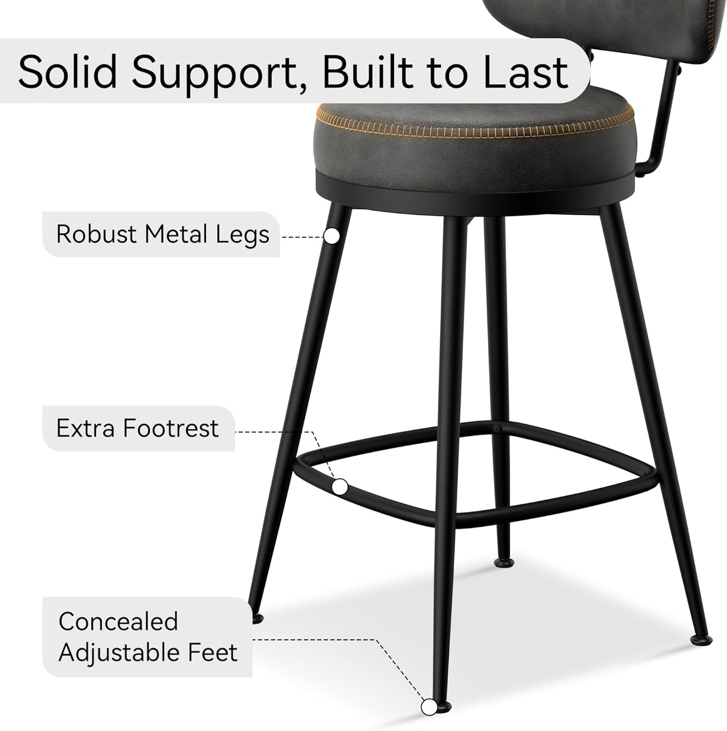 Counter Height Bar Stools, 26" H Swivel Barstools Set of 8, Faux Leather Kitchen Counter Stools with Back and Stylish Stitching, Metal Frame, Pub, Home Bar, Black Grey