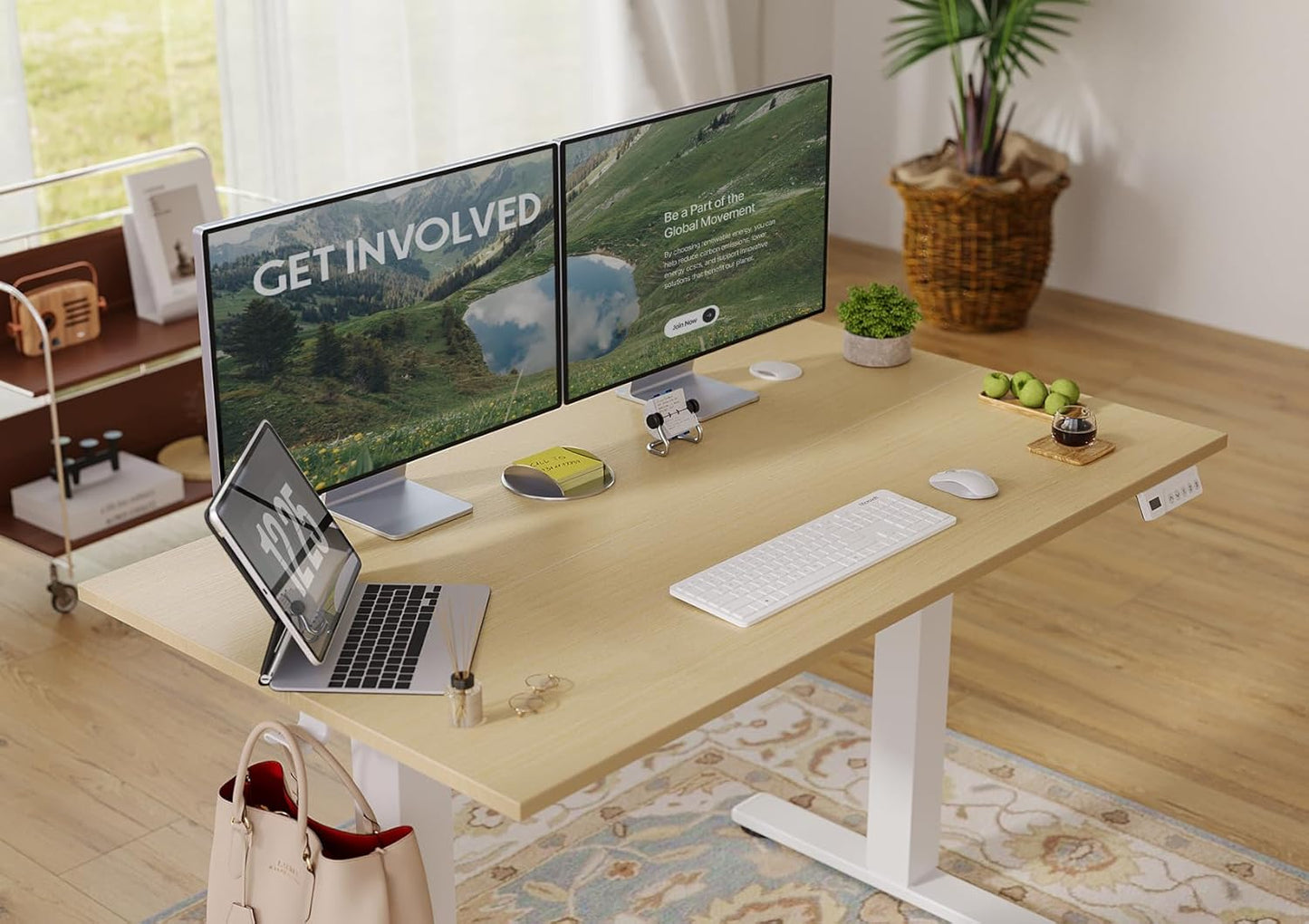 Seang Electric Standing Desk Adjustable Height, 48 x 24 Inch Sit Stand Desk with T-Shaped Frame, 3 Memory Presets & Cable Management for Home Office Computer Workstation, White Frame/Nature Top